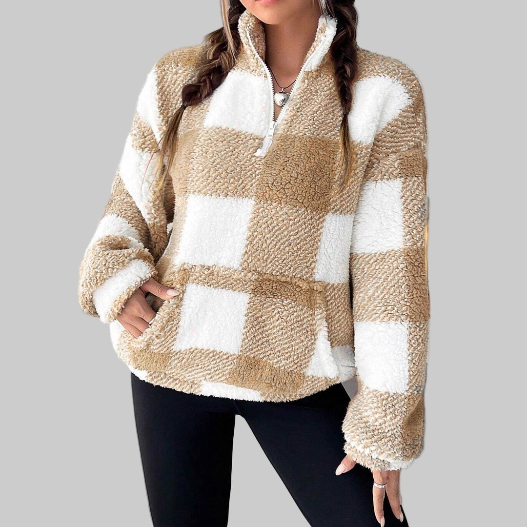 Plaid fleece pullover with half-zip neck, tan and white block pattern