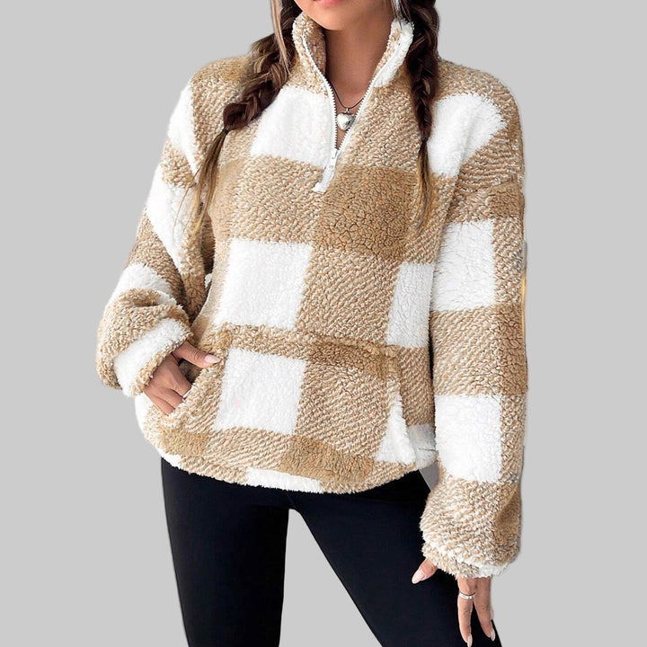 Plaid fleece pullover with half-zip neck, tan and white block pattern
