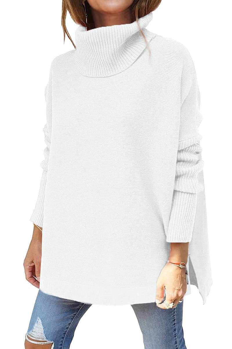 White modern turtleneck jumper with ribbed high neck and long sleeves