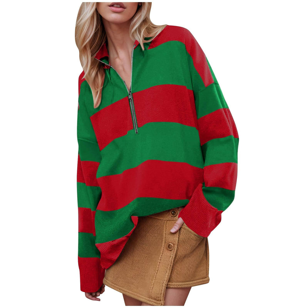 Long-sleeve pullover sweater with half-zip, green and red bold stripe pattern.