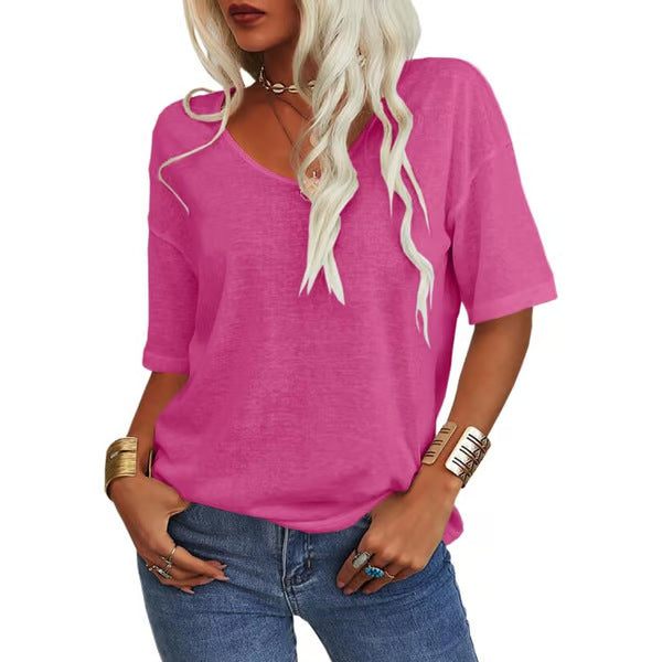 Loose lightweight minimalist T-shirt, rose pink, short sleeves, scoop neck