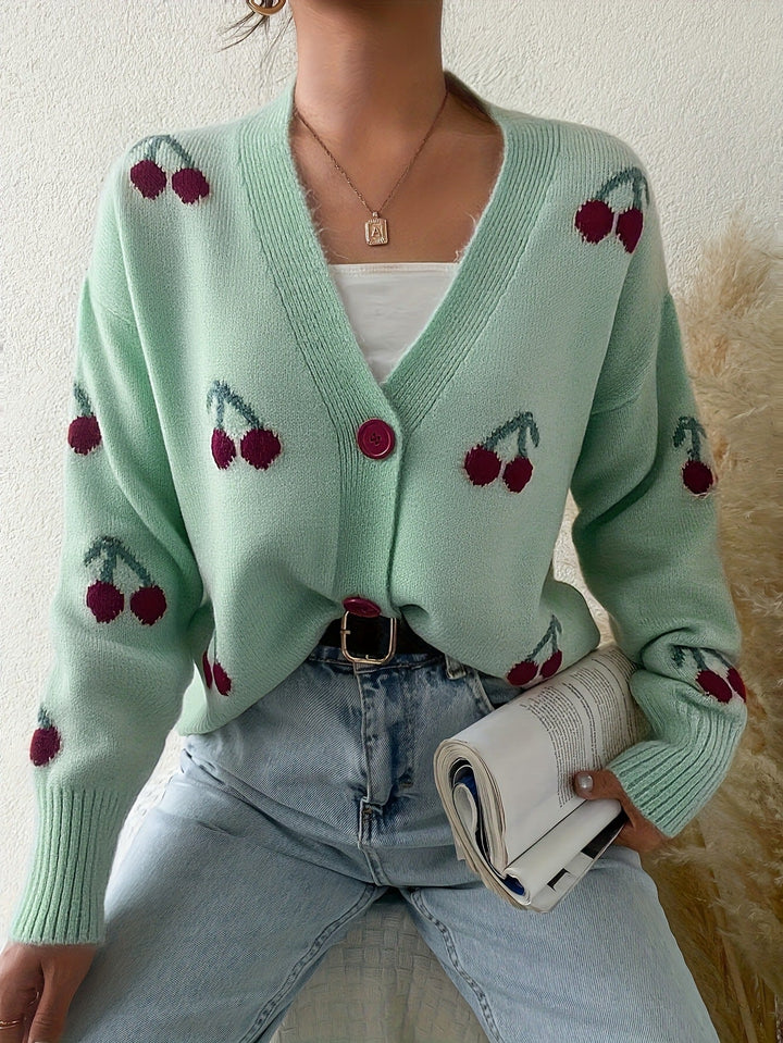 Light green button-front long-sleeve cardigan with red cherry print and V-neck