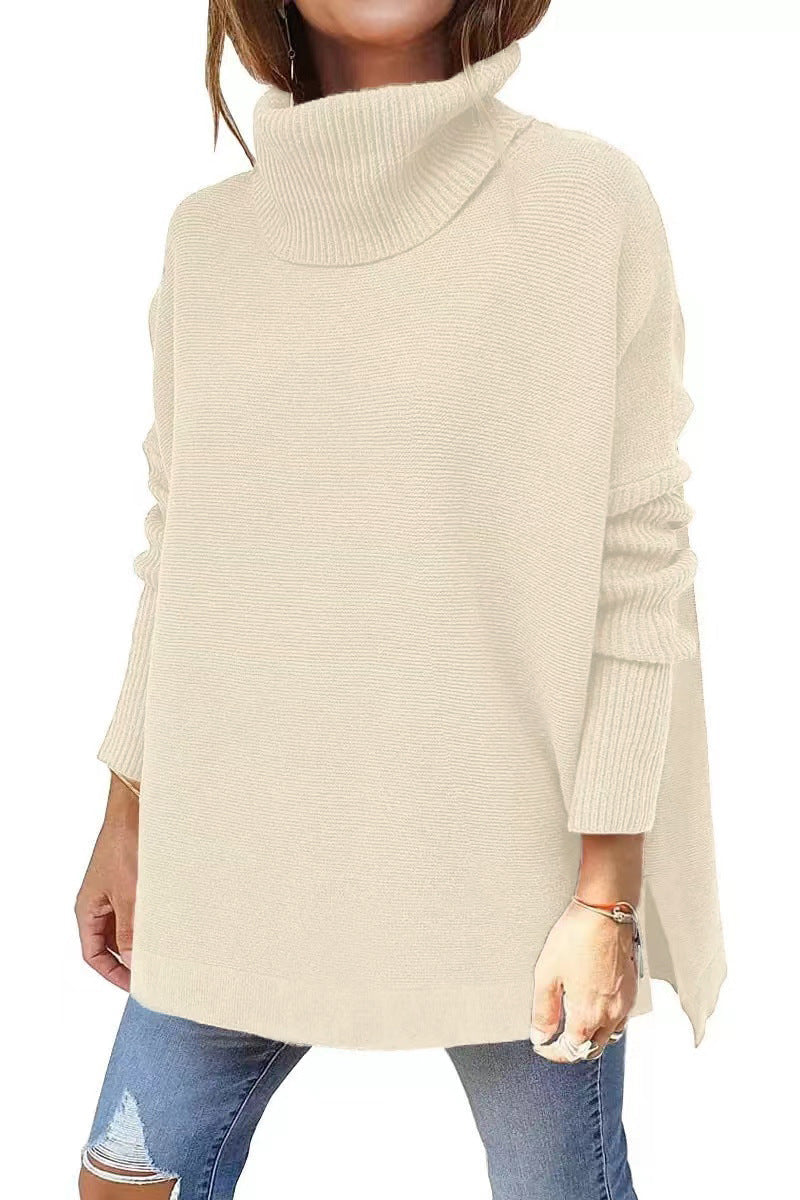 Light beige modern turtleneck jumper with ribbed high neck and long sleeves