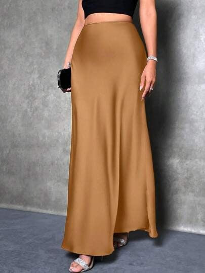 Satin high-waist maxi skirt, warm brown, soft drape with wide hem