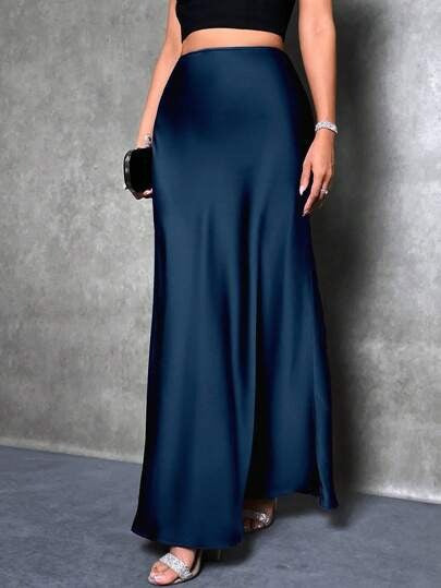Satin high-waist maxi skirt, navy blue, smooth drape and long skirt length