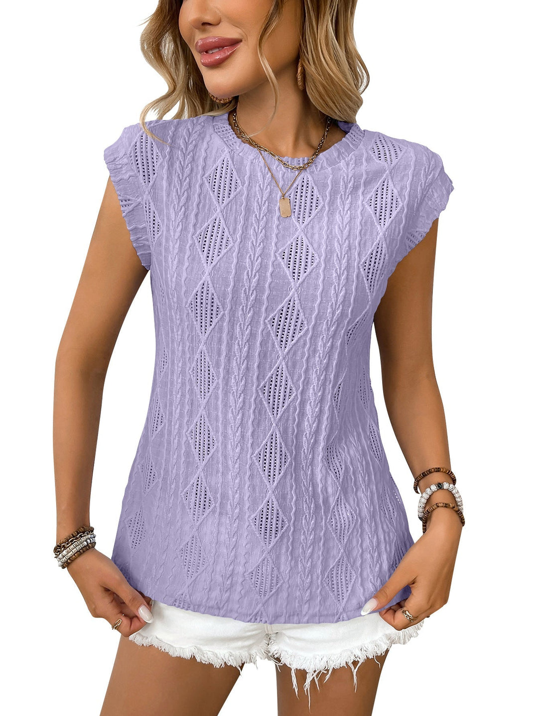 Light purple women’s lightweight knit tee with short sleeves and diamond-textured pattern