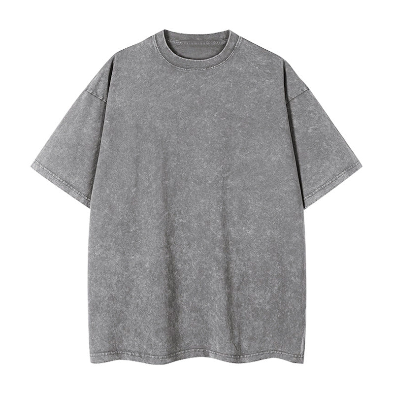 Grey loose-fit crewneck top with short sleeves and ribbed neckline