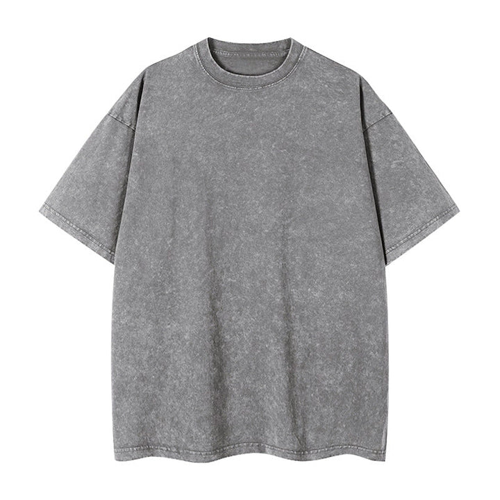 Grey loose-fit crewneck top with short sleeves and ribbed neckline