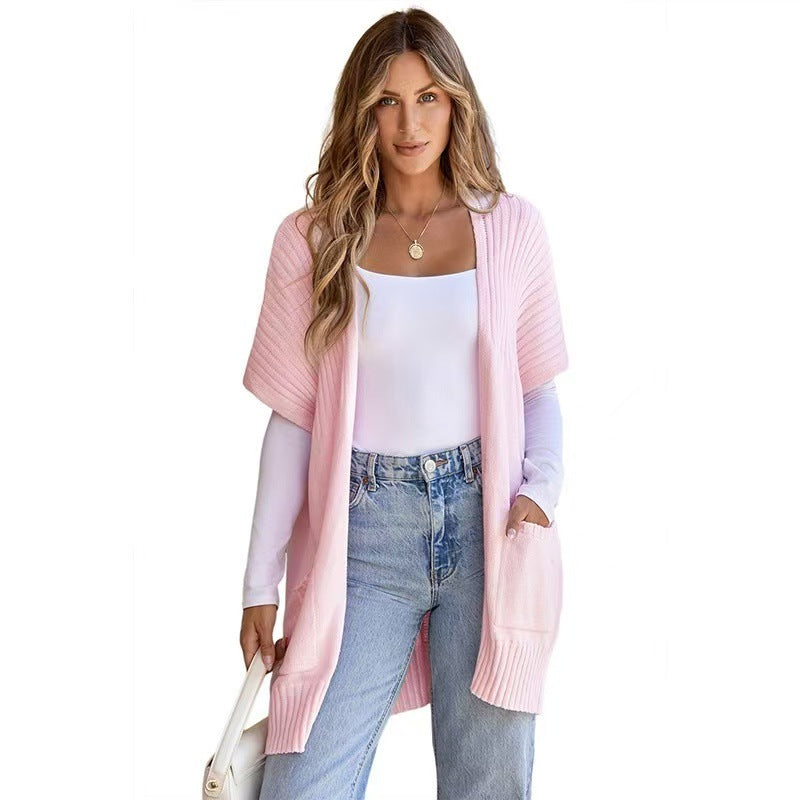 Lightweight open-front knit cardigan in pink with patch pockets and ribbed cuffs