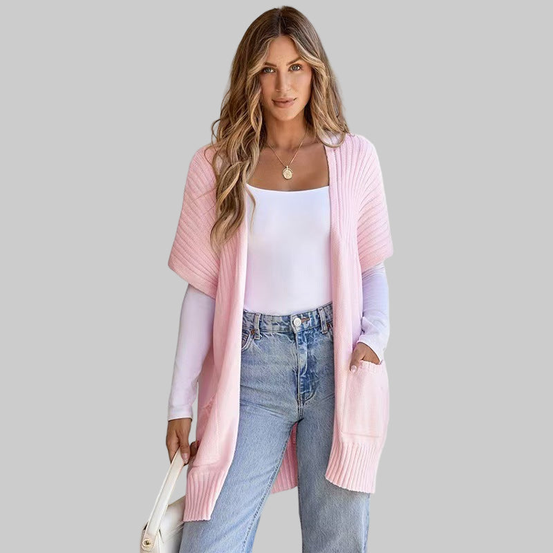 Pink open-front knit cardigan with ribbed hem and side patch pockets