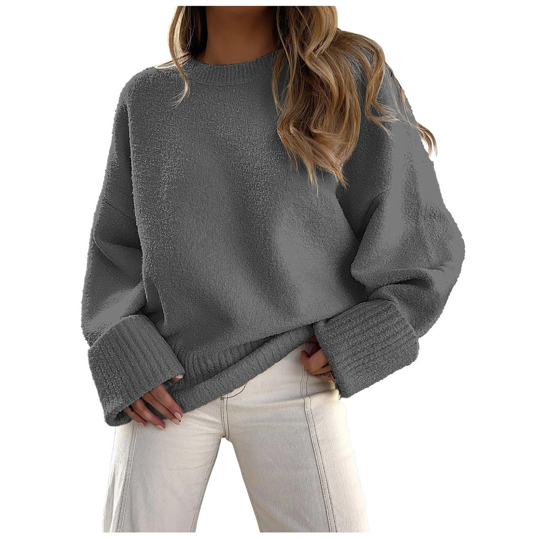 Charcoal gray fuzzy knit pullover sweater with crew neck and ribbed cuffs, oversized fit