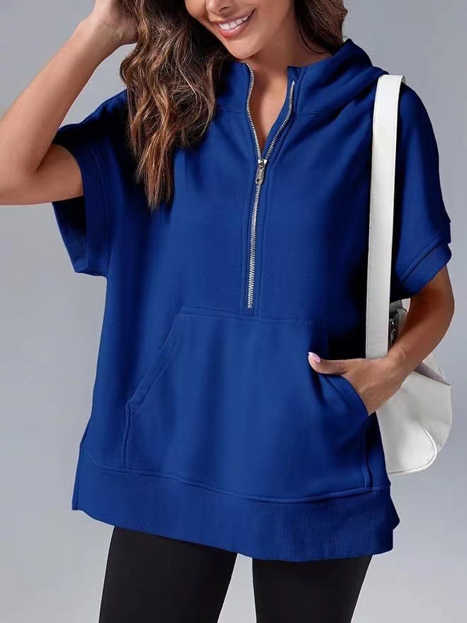 Navy relaxed oversized half-zip summer hoodie with hood and kangaroo pocket