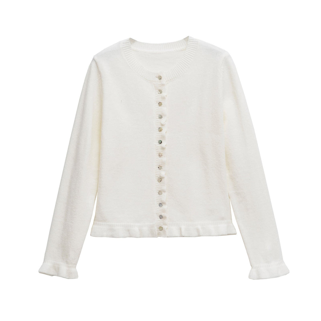 White button-up cardigan with long sleeves, front button placket, lettuce trim hem