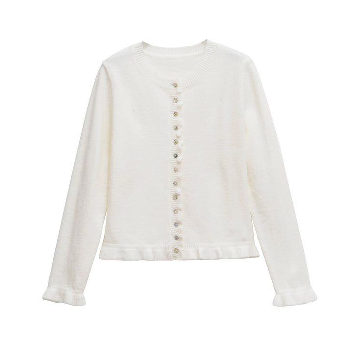 White button-up cardigan with long sleeves, front button placket, lettuce trim hem