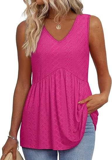 Hot pink patterned sleeveless V-neck flowy tank top with gathered waist and ruffled hem