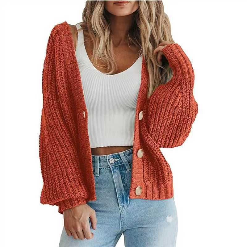 Cozy knit cardigan sweater, rust orange, open front with button placket and ribbed cuffs