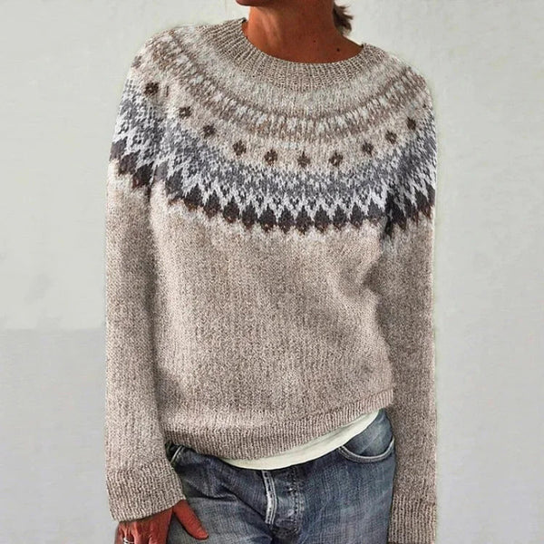Gray fair isle sweater with crew neck, long sleeves and knit pattern yoke