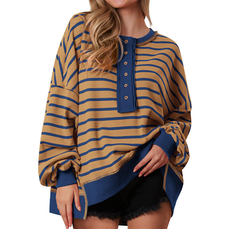 Oversized striped long-sleeve sweatshirt in tan and blue with button-front placket