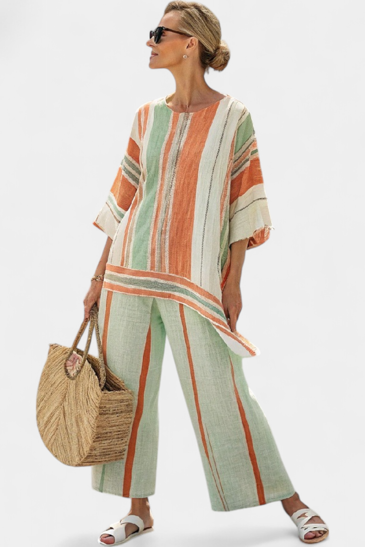 Striped tunic top and wide-leg trousers set, mint green and rust with short sleeves
