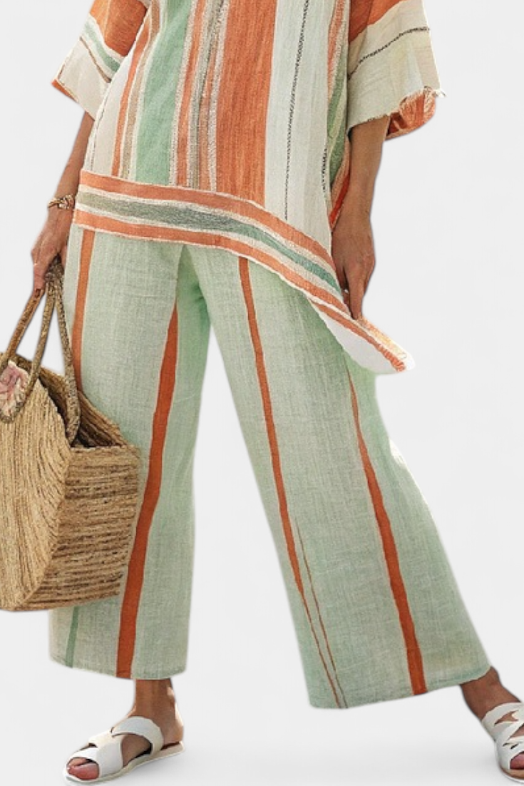 Asymmetric hem striped tunic top with wide-leg trousers, mint green and rust vertical stripes