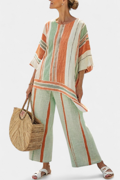 Striped tunic top with wide-leg trousers, round neck, mint green and rust vertical stripes