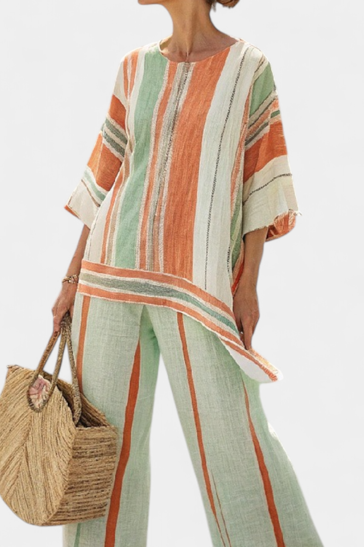 Striped tunic top and wide-leg trousers, loose fit, mint green, rust and cream stripes