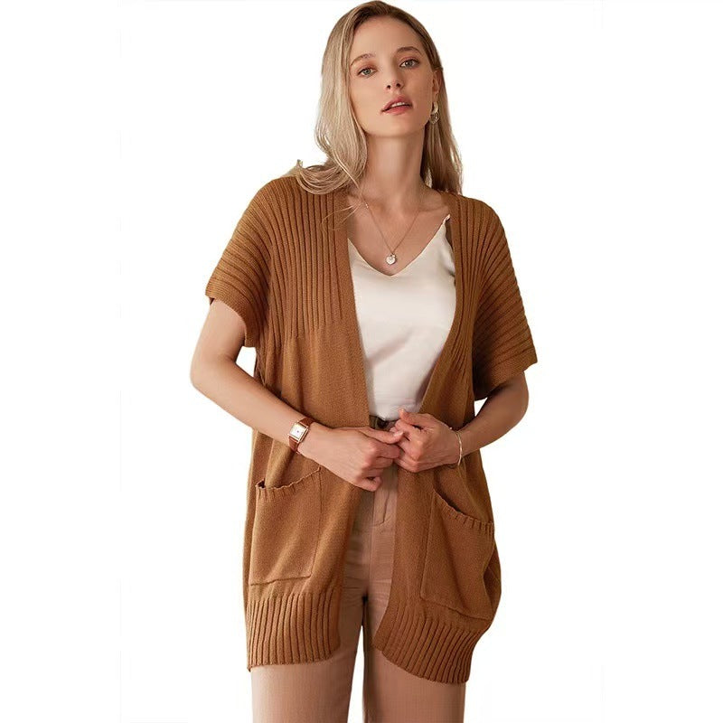 Lightweight open-front knit cardigan in brown with patch pockets and ribbed details