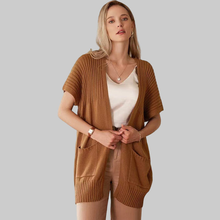 Brown open-front knit cardigan with side patch pockets and ribbed hem