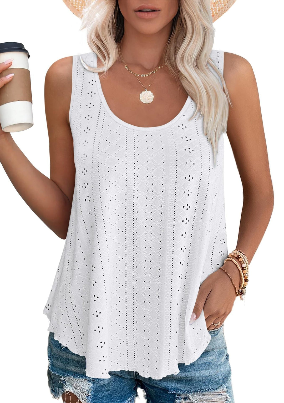 White lightweight summer tank top with scoop neck and eyelet detail, sleeveless