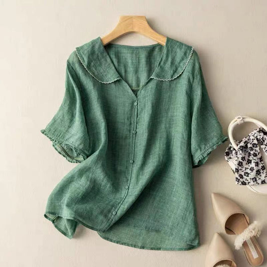 Green Women's blouse with scalloped collar, button-front, short sleeves