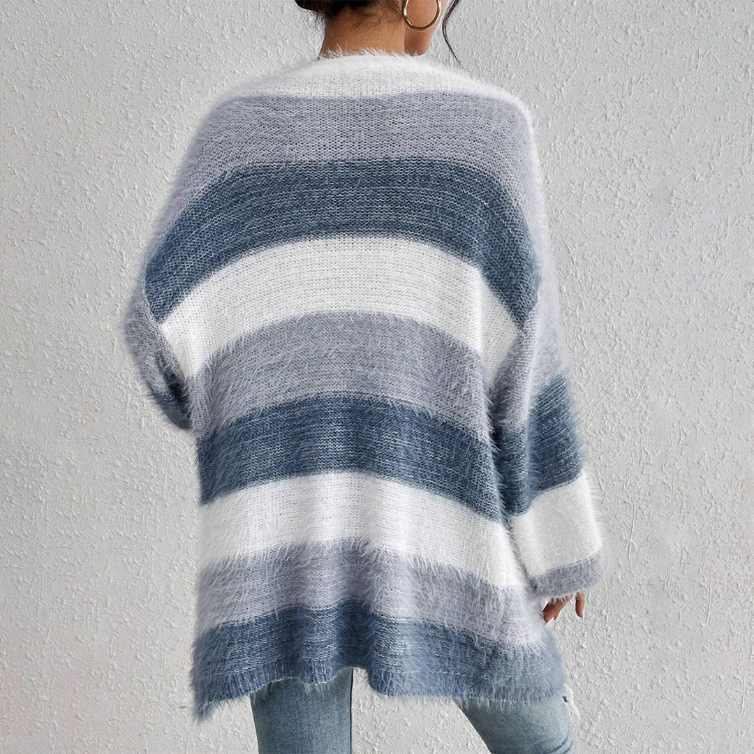Back view fuzzy open-front long sleeve cardigan with blue and white stripes