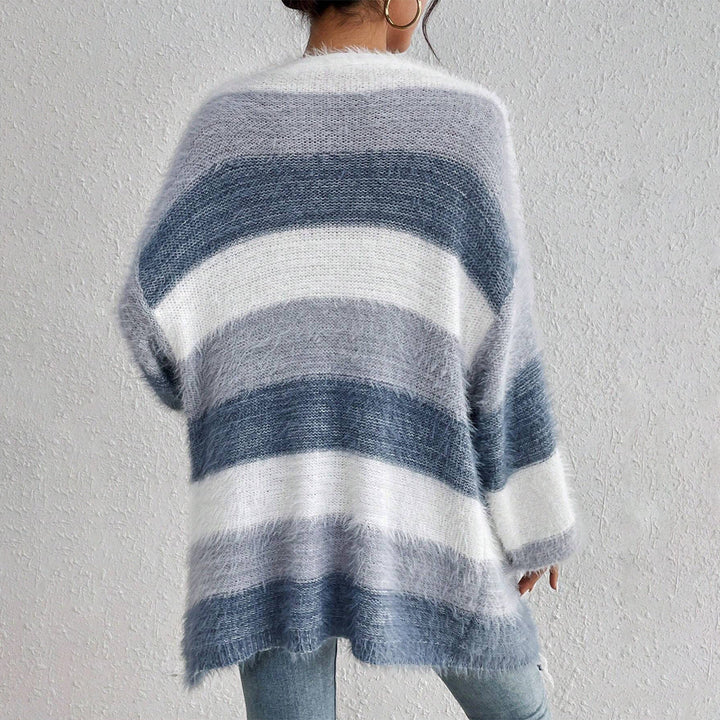 Back view fuzzy open-front long sleeve cardigan with blue and white stripes