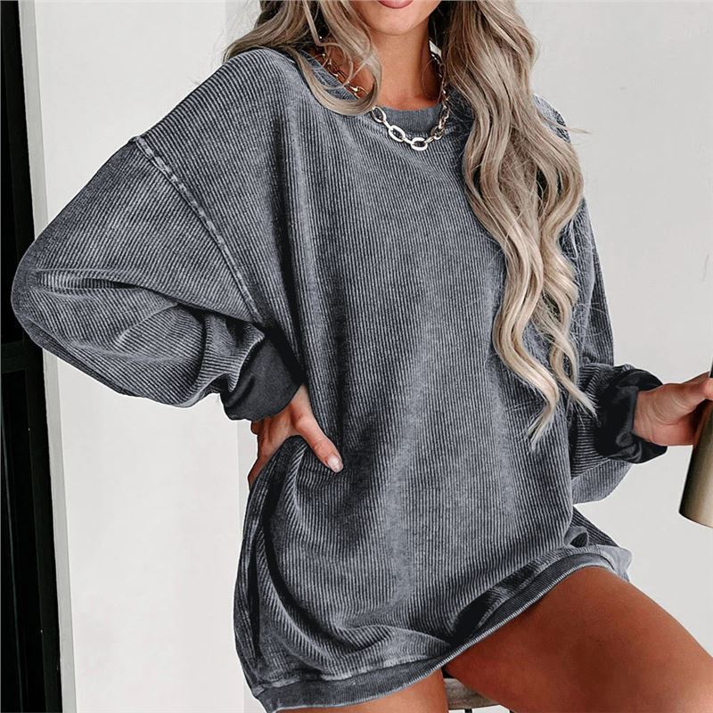 Drop-shoulder pullover sweatshirt, grey corduroy texture, crew neck, long sleeves