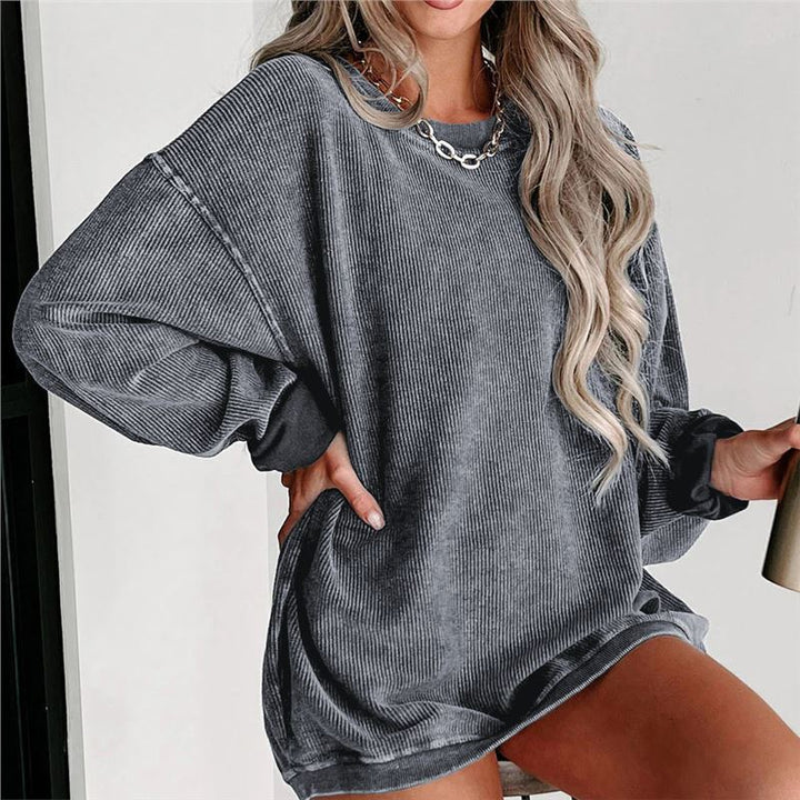Drop-shoulder pullover sweatshirt, grey corduroy texture, crew neck, long sleeves