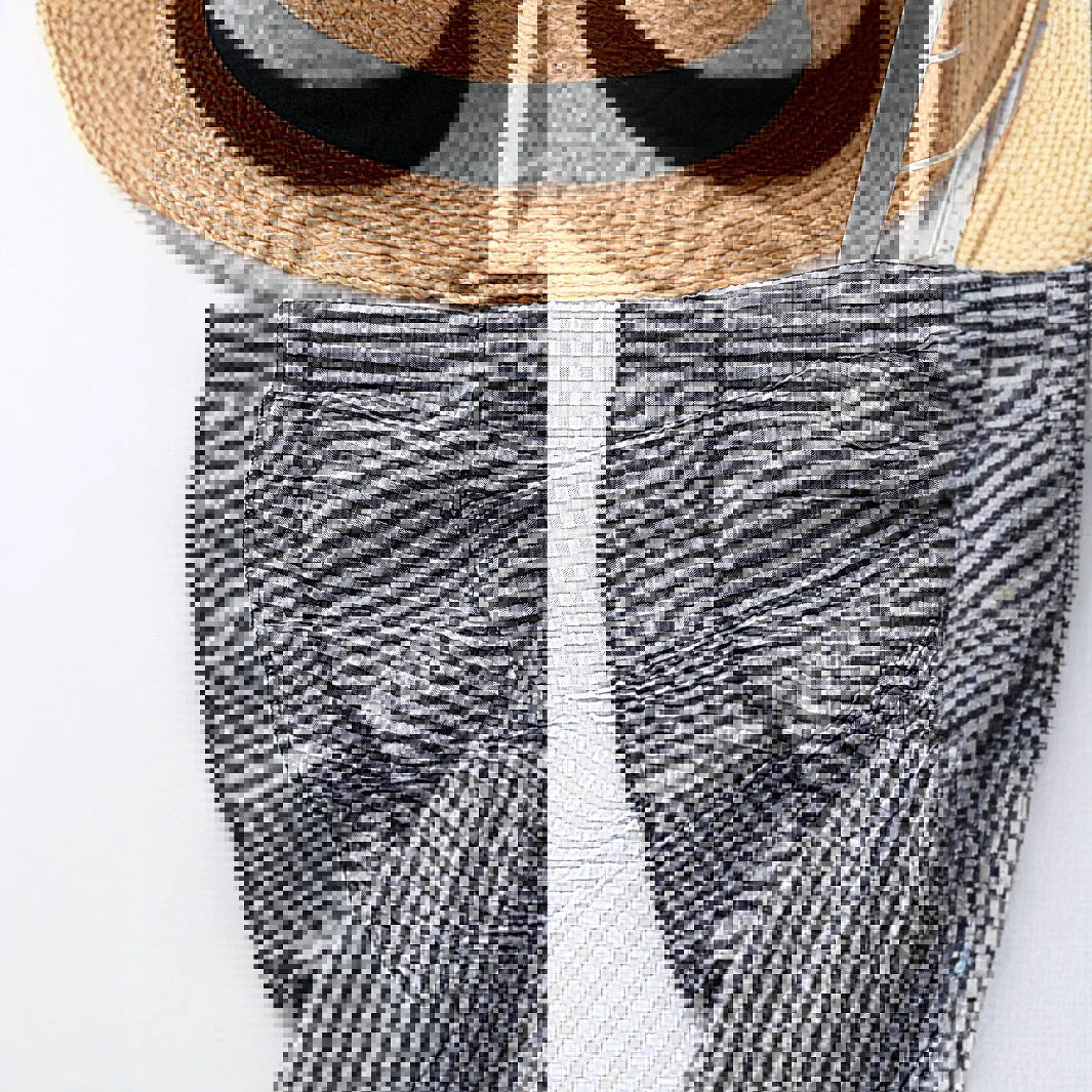 Black-and-white checkered blouse front panel with gathered seam detail