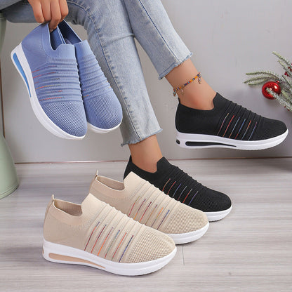 OLIVIA comfortable sneakers, beige, black, and blue knit slip-ons with white soles