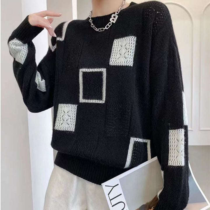 Elegant knit sweater, black with white square patches, crewneck, long sleeves