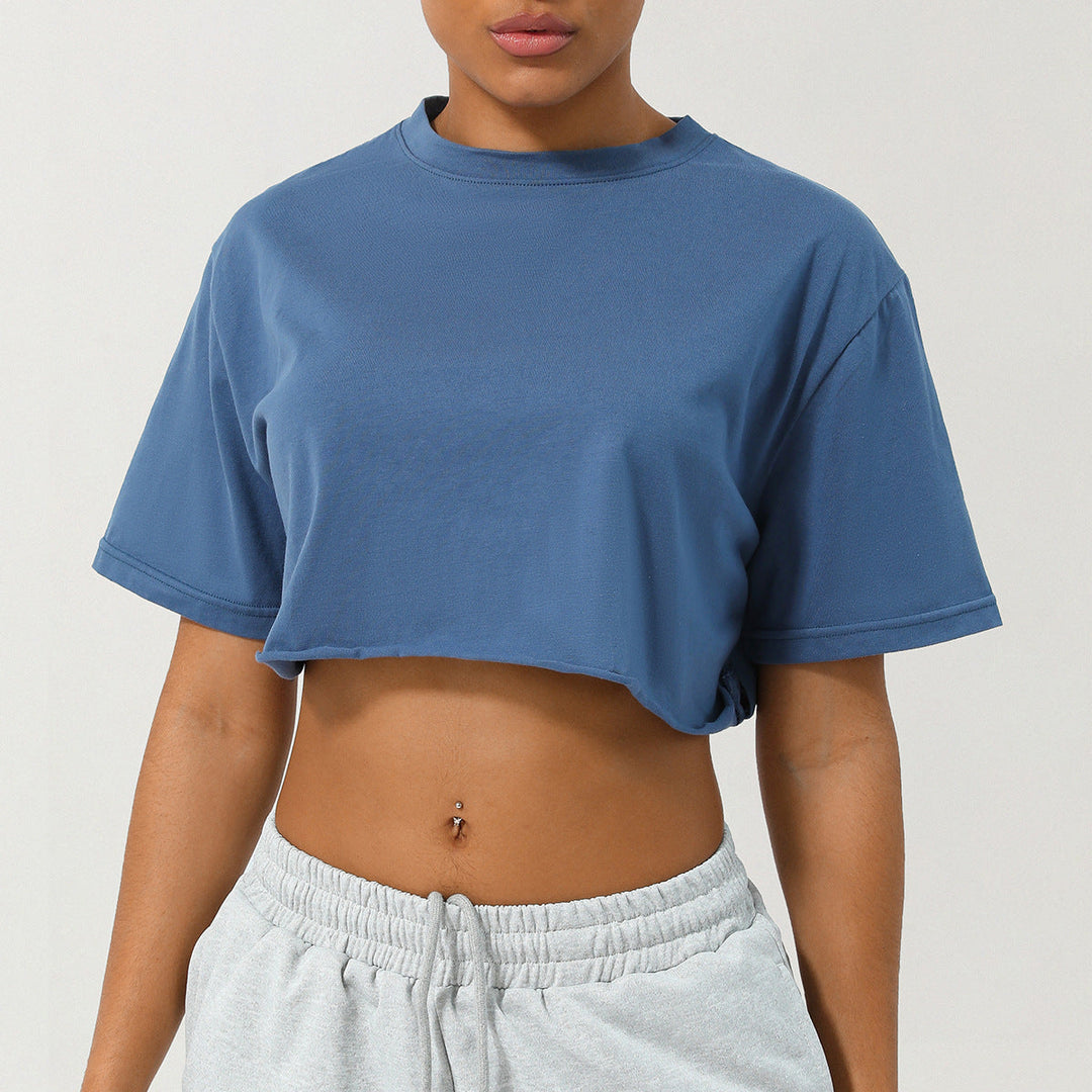 Blue relaxed-fit crop tee with crew neck and short sleeves