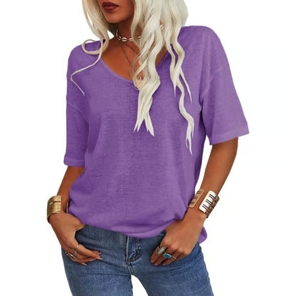 Loose lightweight minimalist T-shirt, purple, short sleeves, scoop neck