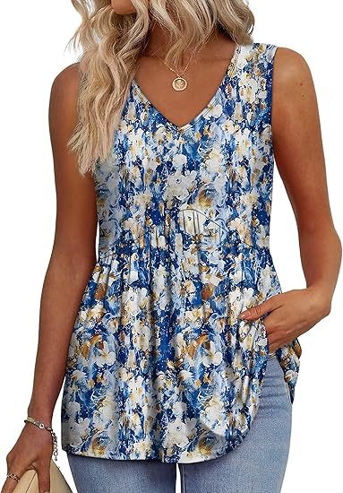 Blue and white floral print sleeveless V-neck flowy tank top with gathered waist and ruffles