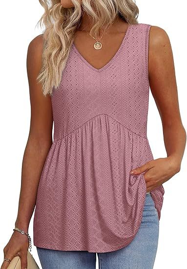 Mauve pink patterned sleeveless V-neck flowy tank top with gathered waist and ruffled hem