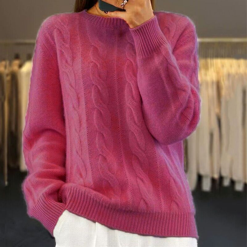 Dark pink cable-knit winter sweater with crew neck, ribbed cuffs, and hem