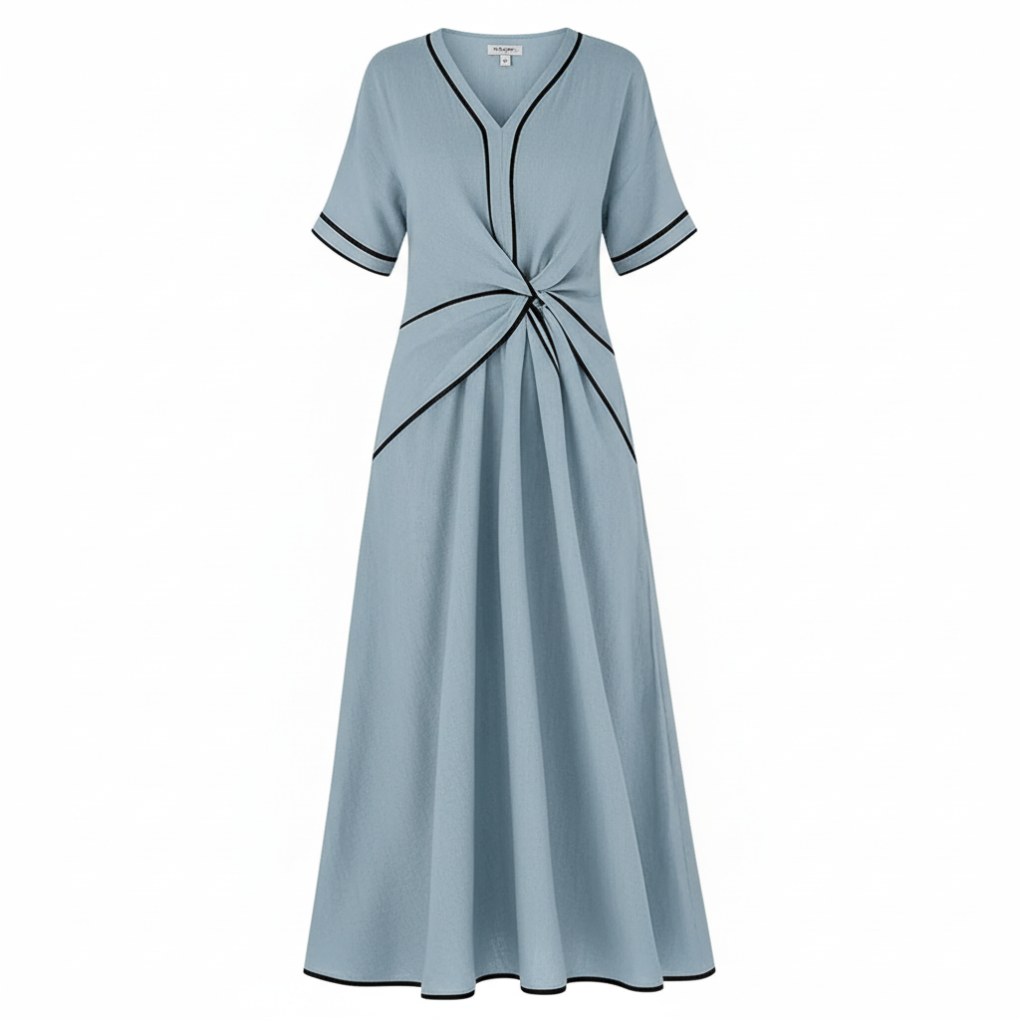 Blue twist-front V-neck maxi dress with short sleeves and black trim edging