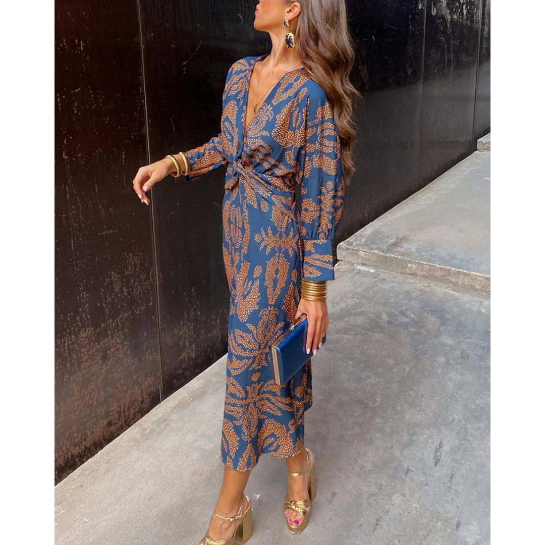 Boho elegance dress in blue with gold pattern, V-neck, long sleeves, tie waist