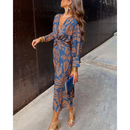 Boho elegance dress in blue with gold pattern, V-neck, long sleeves, tie waist