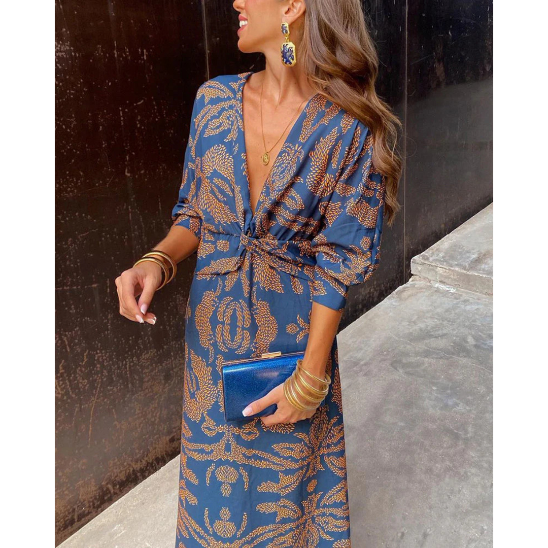 Boho elegance dress in blue with gold pattern, V-neck, belted waist, midi length