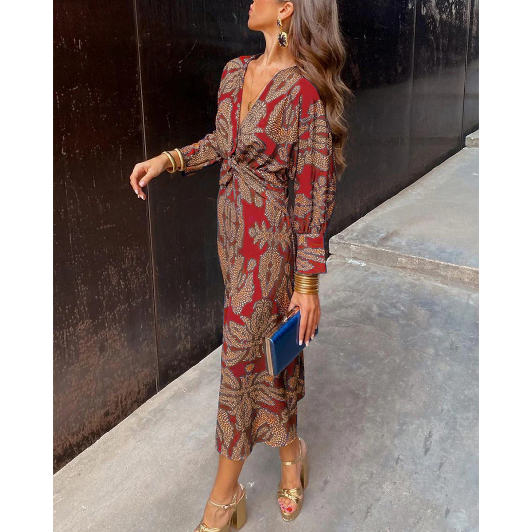 Boho elegance dress in red with gold pattern, V-neck, long sleeves, tie waist