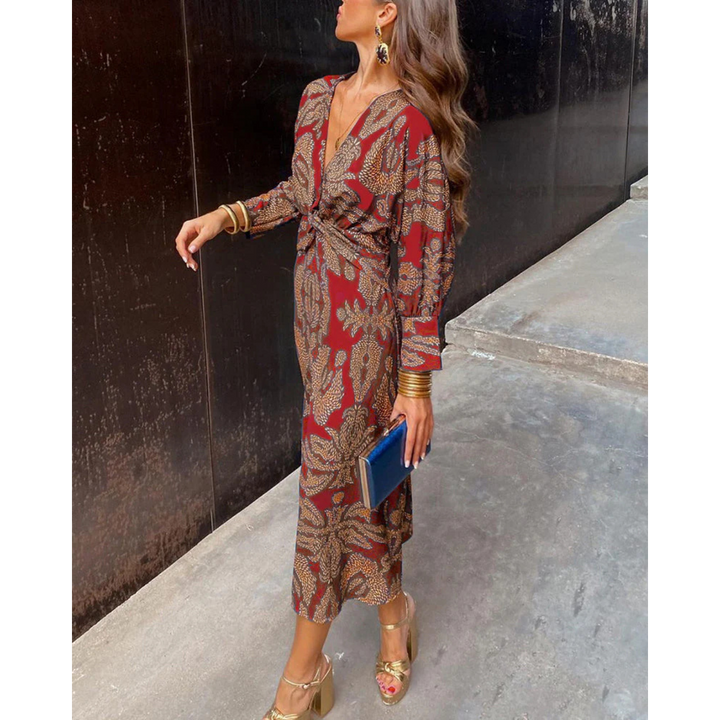 Boho elegance dress in red with gold pattern, V-neck, long sleeves, tie waist