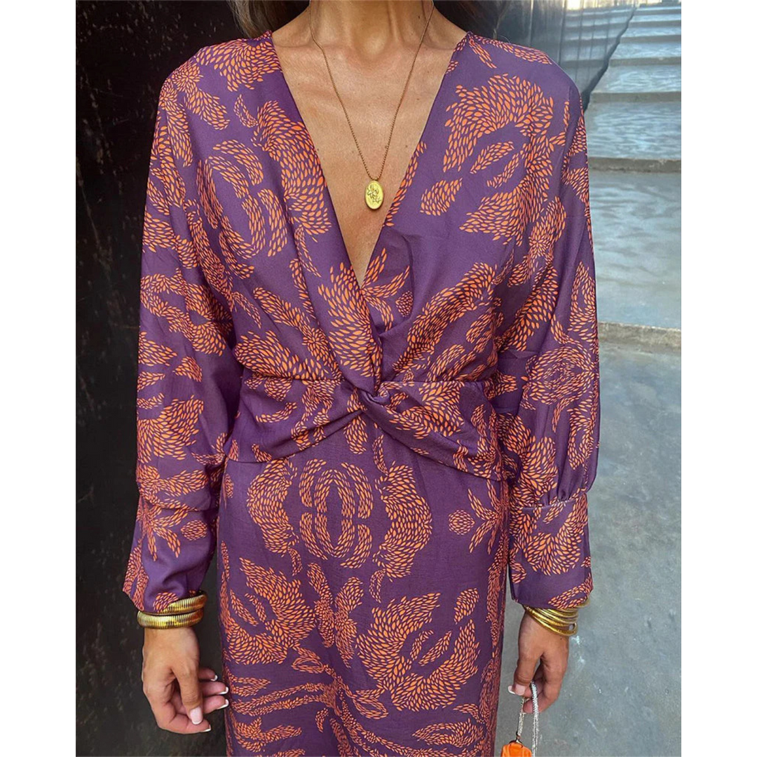 Purple boho elegance dress front with orange leaf print, V-neck, long sleeves, tied waist