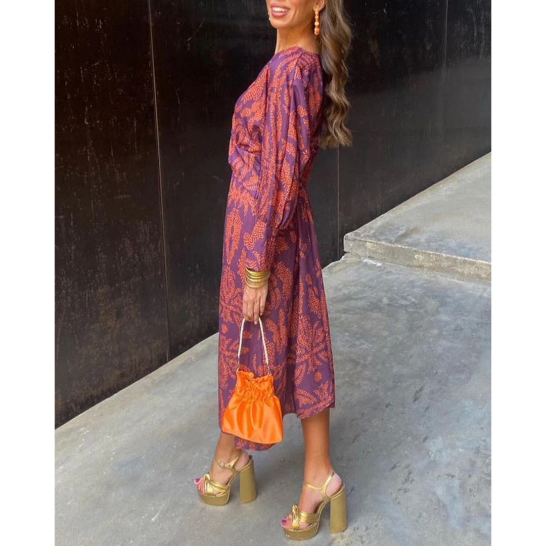Boho elegance dress in deep purple with gold and orange pattern, V-neck, midi length
